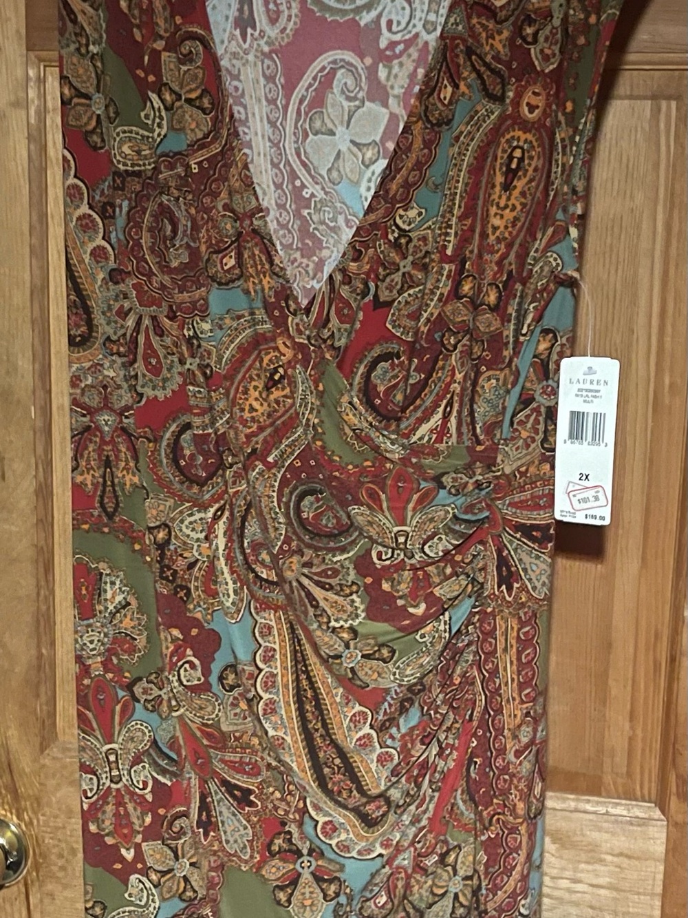 NWT Lauren Ralph Lauren 2X Brown Paisley Mock Wrap Jersey Dress